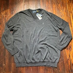 Polo Ralph Lauren Sweater Mens 4XLT Gray 100% Merino Wool Knit V Neck Pony
